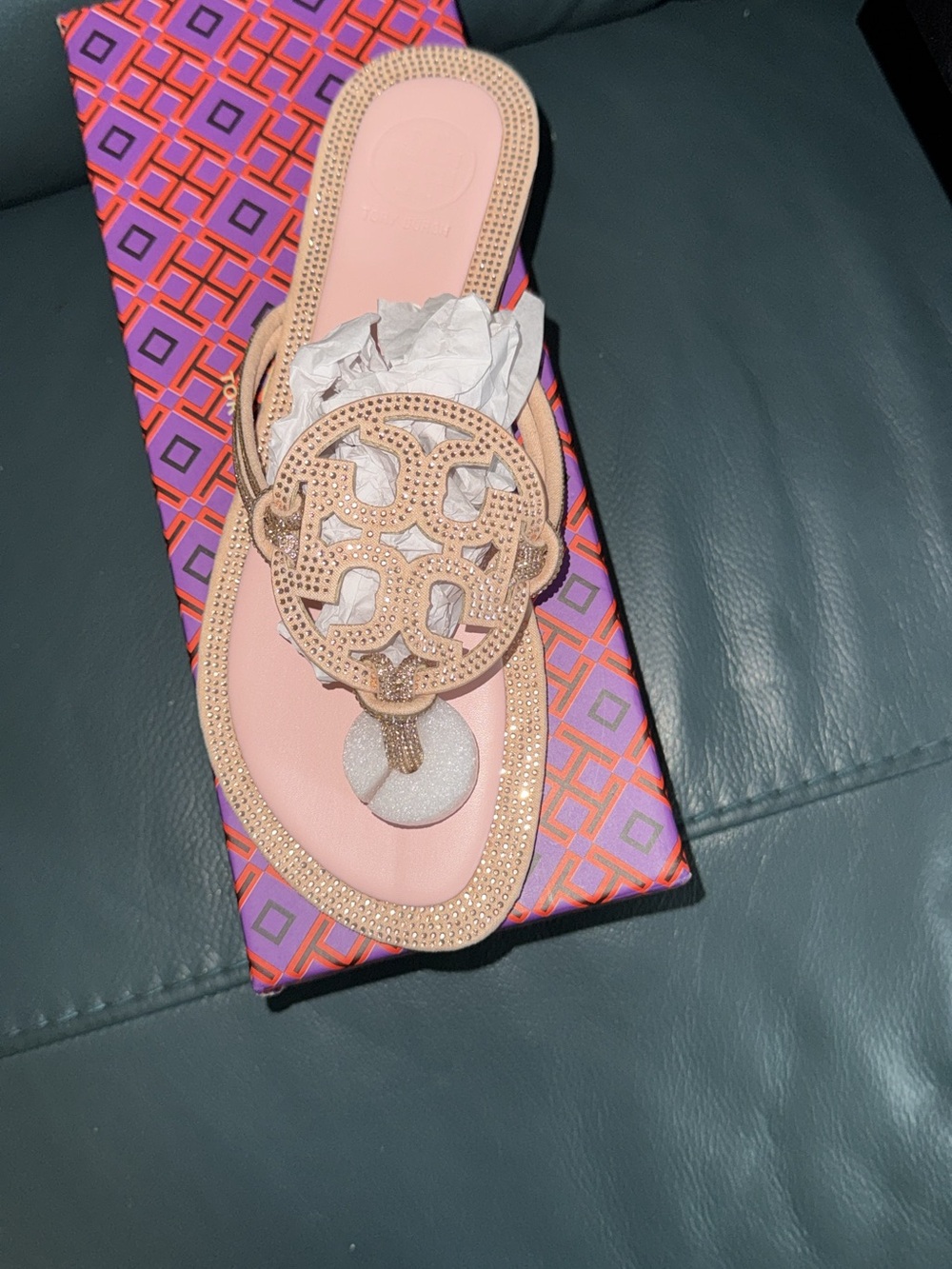 Tory Burch Pink Metallic Logo Thong Sandal with Crystal Accents